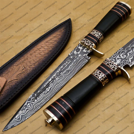 14" personalized Python High End Handmade Damascus Steel Mosaic Bowie Knife Hunting Knife 9 inches Blade with handle leather sheath