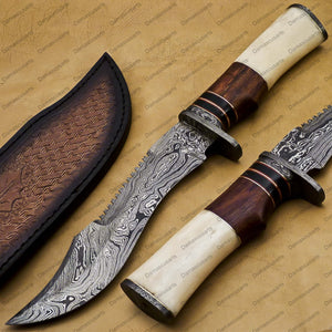18" personalized Python High End Handmade Damascus Steel Mosaic Bowie Knife Hunting Knife 13 inches Blade with handle leather sheath