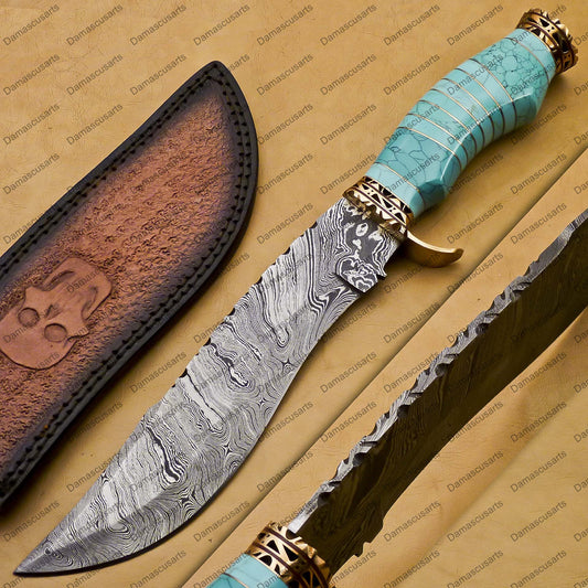 personalized Python High End Handmade Damascus Steel Mosaic Bowie Knife Hunting Knife 7 inches Blade with Marble handle leather sheath