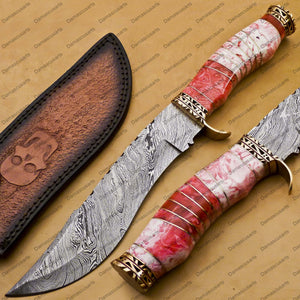 12" personalized Python High End Handmade Damascus Steel Mosaic Bowie Knife Hunting Knife 7 inches Blade with bone handle leather sheath