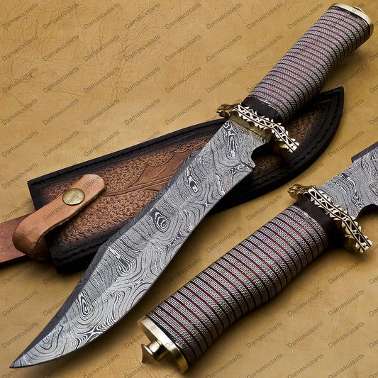 14" personalized Python High End Handmade Damascus Steel Mosaic Bowie Knife Hunting Knife 9 inches Blade with handle leather sheath