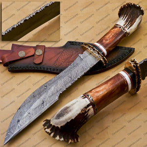14" personalized Python High End Handmade Damascus Steel Mosaic Bowie Knife Hunting Knife 7 inches Blade with stage handle leather sheath
