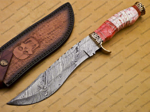 12" personalized Python High End Handmade Damascus Steel Mosaic Bowie Knife Hunting Knife 7 inches Blade with bone handle leather sheath
