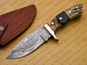 customize Custom Hand Made Forged Hunter Knife Damascus Steel Bowie Knife Handle Tali Wood With Leather Sheath