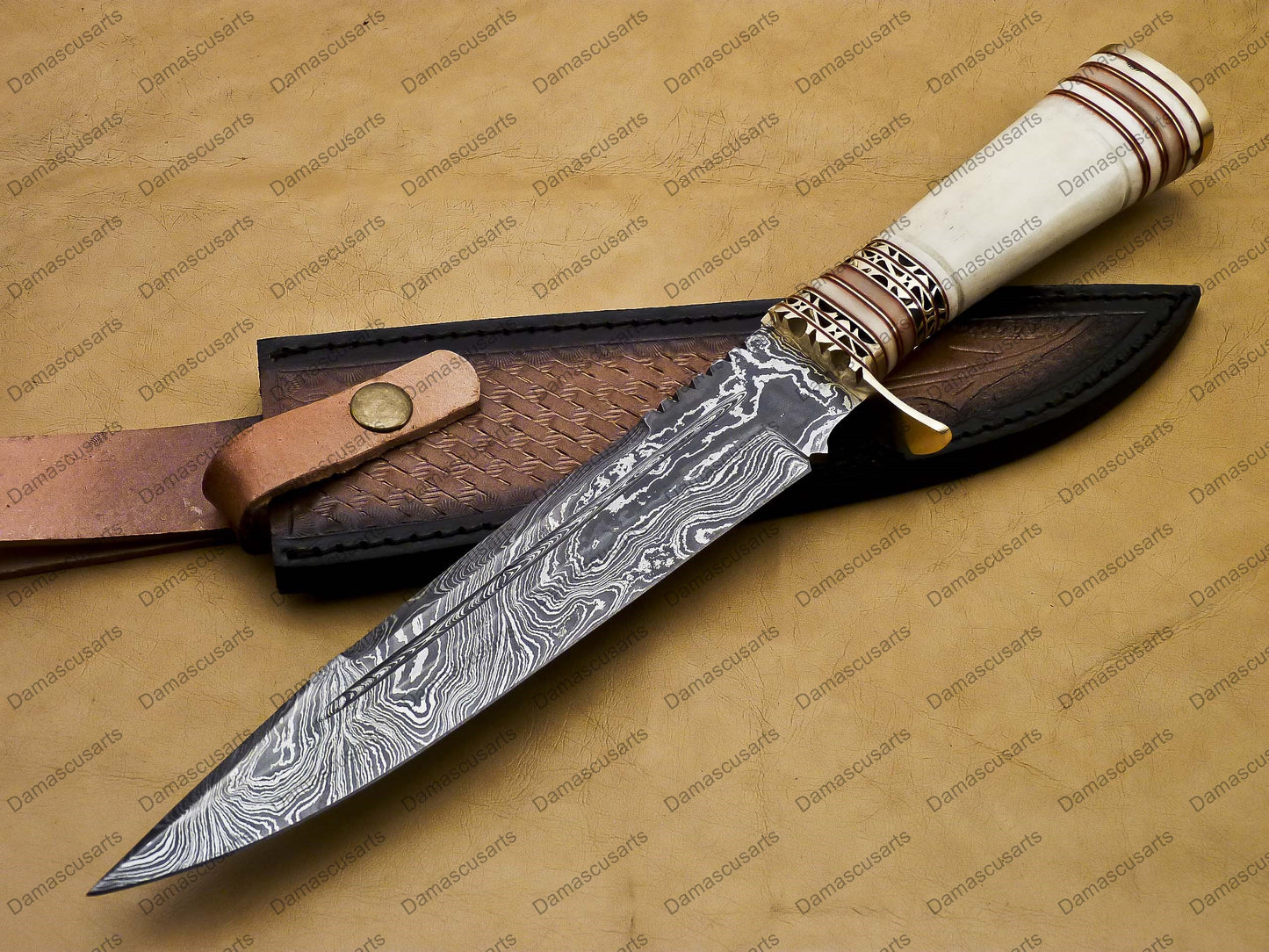 14" personalized Python High End Handmade Damascus Steel Mosaic Bowie Knife Hunting Knife 9 inches Blade with handle leather sheath