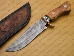 customize hand made Damascus Fixed Blade Hunting Bowie Skinner Survival Handmade knife Outdoor Bowie Damascus Knife with leather sheath