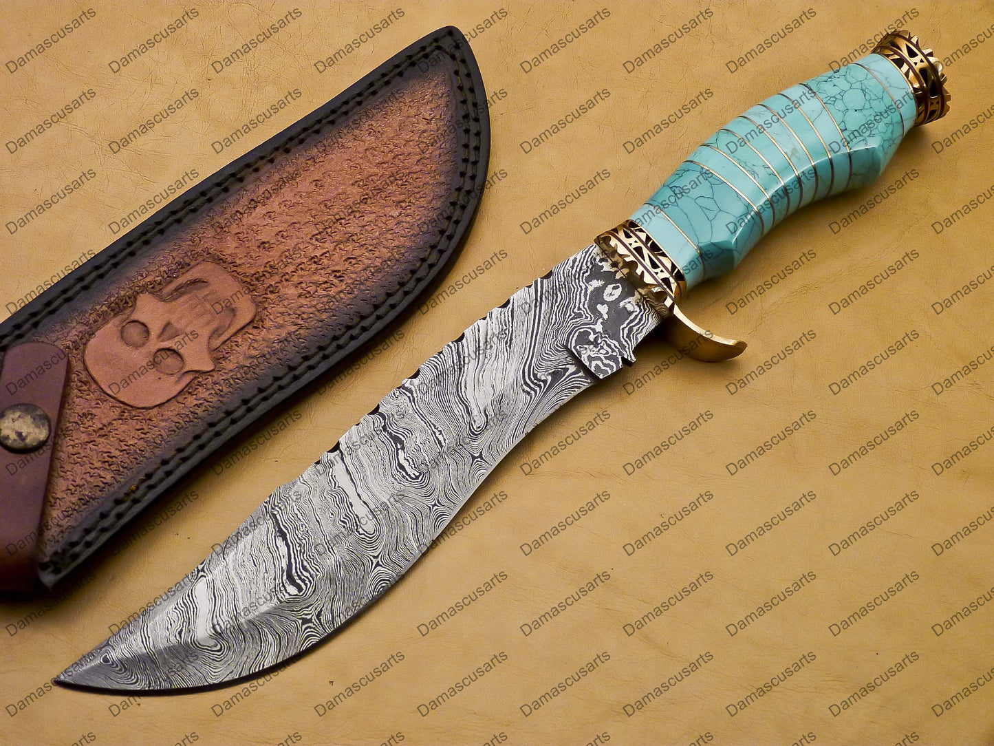 personalized Python High End Handmade Damascus Steel Mosaic Bowie Knife Hunting Knife 7 inches Blade with Marble handle leather sheath