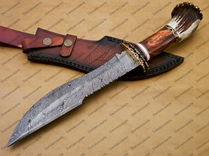 14" personalized Python High End Handmade Damascus Steel Mosaic Bowie Knife Hunting Knife 7 inches Blade with stage handle leather sheath