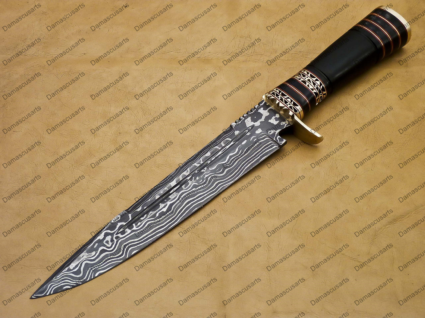 14" personalized Python High End Handmade Damascus Steel Mosaic Bowie Knife Hunting Knife 9 inches Blade with handle leather sheath