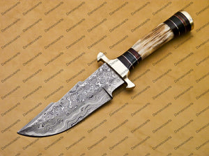 Personalized 10" inch Handmade Damascus Steel Hunting knife Handle Deer Antler The Handle Color and Gard shape with rod and leather