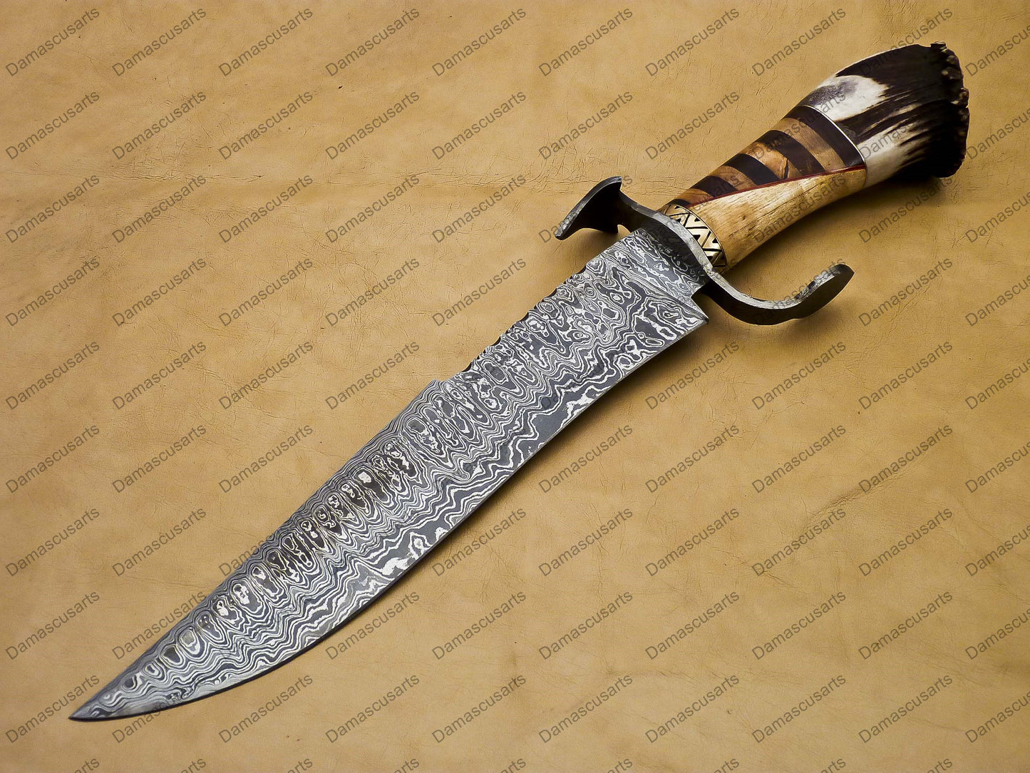 16" personalized Python High End Handmade Damascus Steel Mosaic Bowie Knife Hunting Knife 9 inches Blade with handle leather sheath