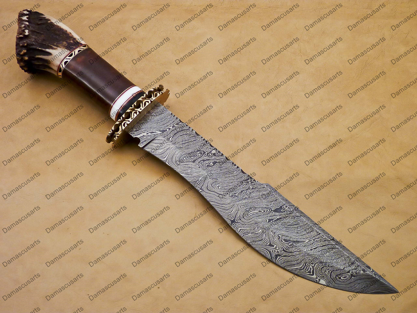 14" personalized Python High End Handmade Damascus Steel Mosaic Bowie Knife Hunting Knife 7 inches Blade with stage handle leather sheath