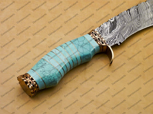 personalized Python High End Handmade Damascus Steel Mosaic Bowie Knife Hunting Knife 7 inches Blade with Marble handle leather sheath