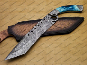 12" personalized Python High End Handmade Damascus Steel Mosaic Bowie Knife Hunting Knife 7 inches Blade with handle leather sheath