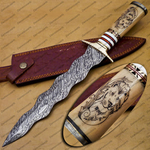 Customize Hand Made 16" Damascus Fixed Knives with Bone Inserted and Custom Tattoo Gift for Him, Gift for Her Groomsmen Gifts With Sheath