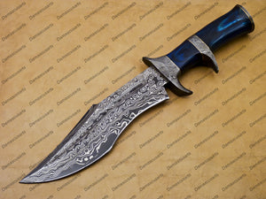 Customize Hand-Made Damascus Fixed Blade Hunting Bowie Skinner Survival Handmade Knife Outdoor Bowie Damascus Knife with Leather Sheath