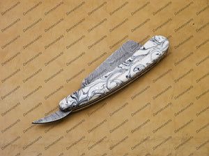 Handmade Damascus Folding Pocket Custom hand made Blade Straight Razor very sharp with leather sheath