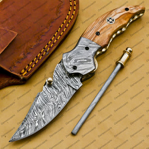 Personalized Hand Made Hephaestus 7.5 Long Damascus Pocket Knives with Titanium Handle with Paddock Wood and a Grade Green Ruby , Diamond