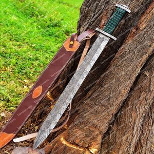 31' Inches Exclusive Legendary Damascus Steel Sword Dagger Gladius Viking Sword Full Tang Sword,razor Sharp With Genuine Leather Scabbard