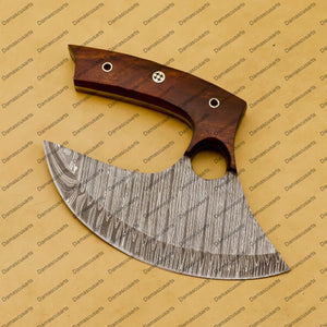 Engrave able Handmade Damascus Chef Kitchen Ulu Knife Chef Knife Heavy Duty Damascus Handle Koa Wood with Leather Sheeth GIFT IDEA