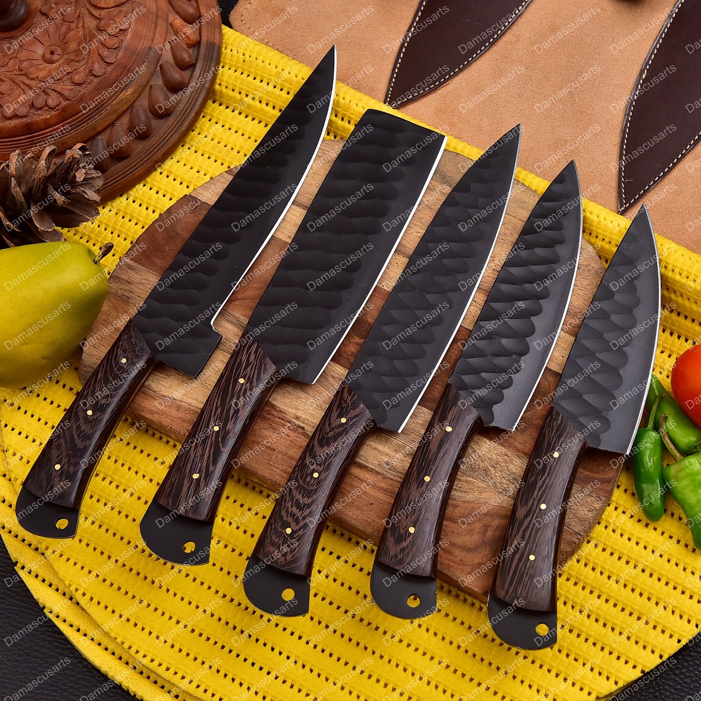 Carbon Steel Chef Knife Set With Rolling Leather Bag Black