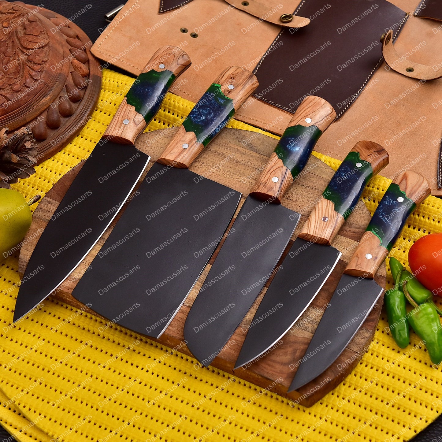 Carbon Steel Chef Knife Set With Rolling Leather Bag Green