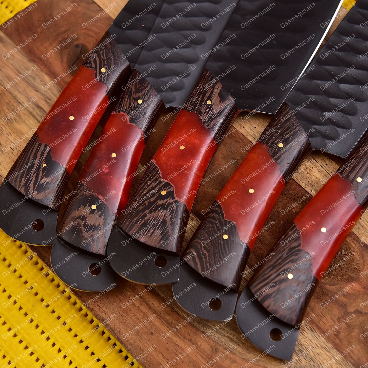 Carbon Steel Chef Knife Set With Rolling Leather Bag Red