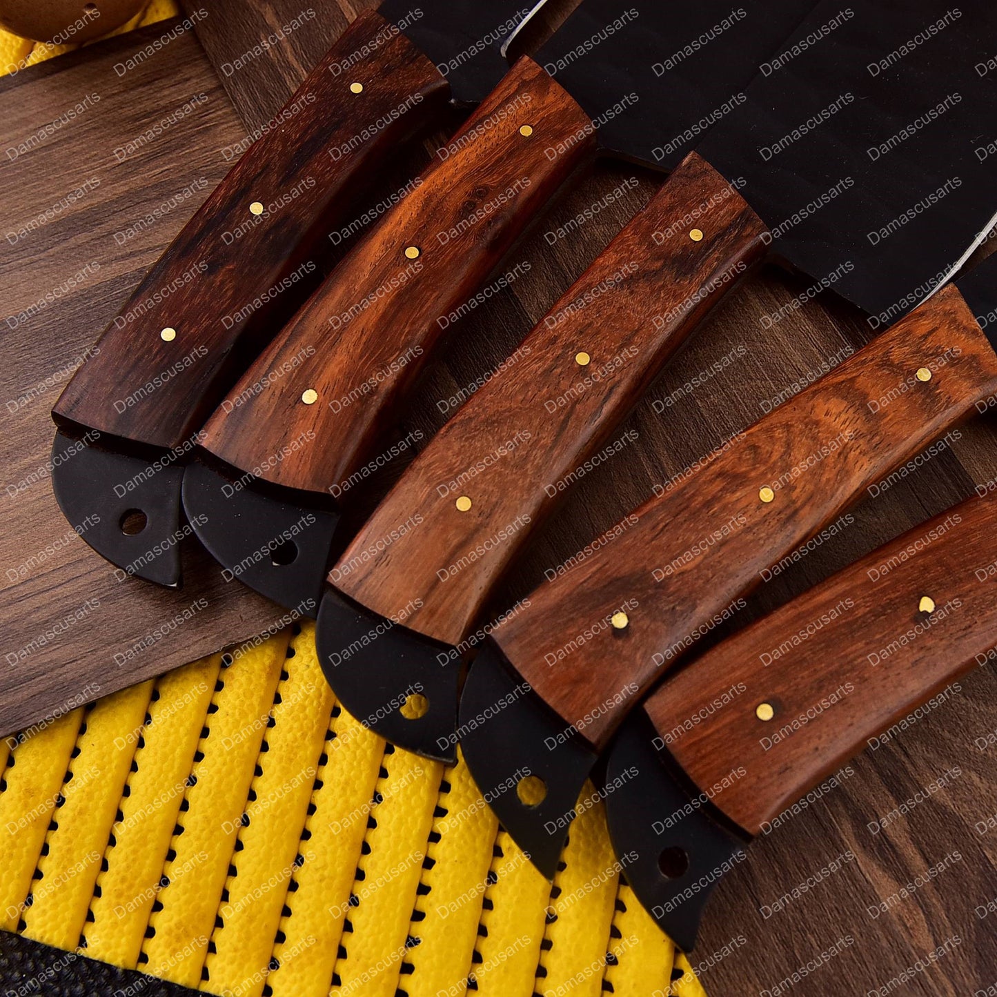 Carbon Steel Chef Knife Set With Rolling Leather Rosewood