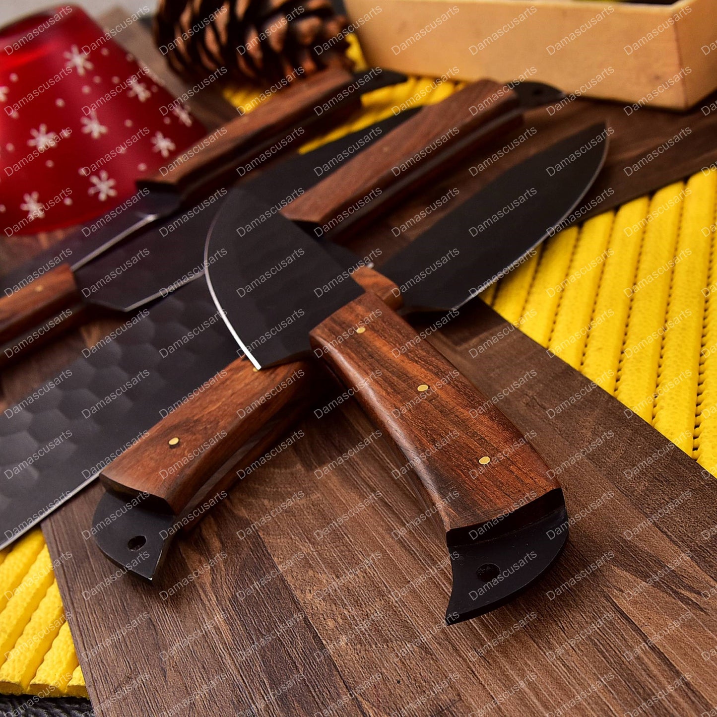 Carbon Steel Chef Knife Set With Rolling Leather Rosewood