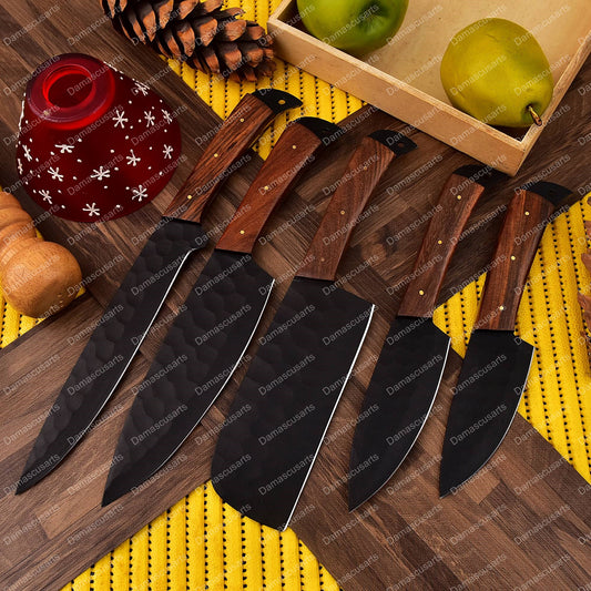 Carbon Steel Chef Knife Set With Rolling Leather Rosewood