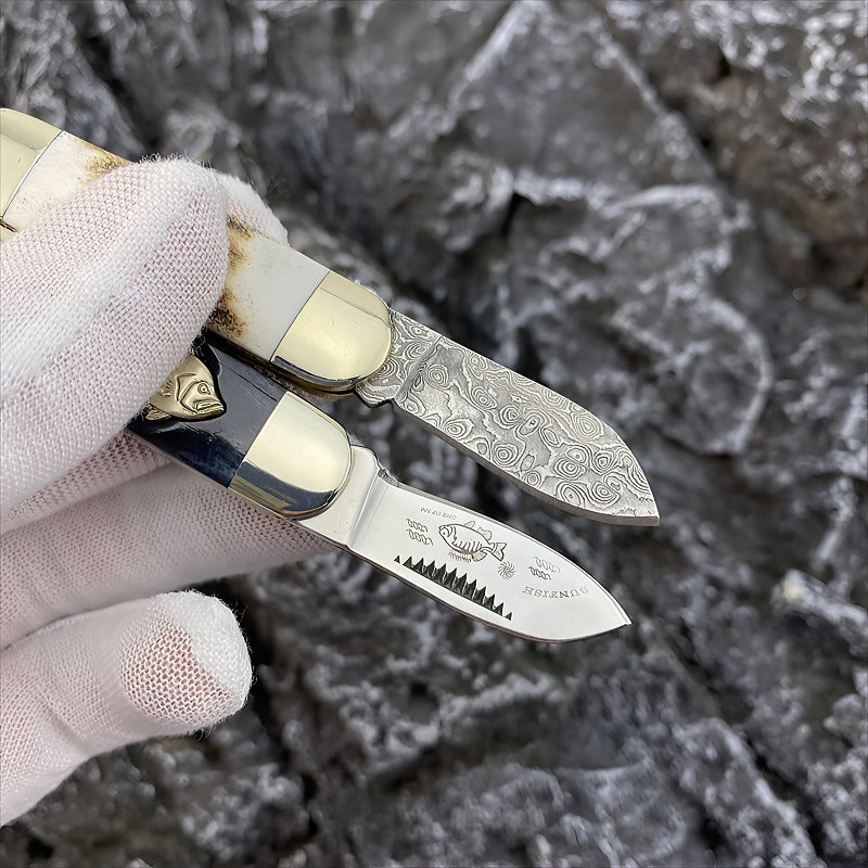 Small Cuttle Fish Mini Antlers Pocket Knife Damascus Steel Folding Knife