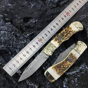 Antler Pocket Outdoor Damascus Folding Knife