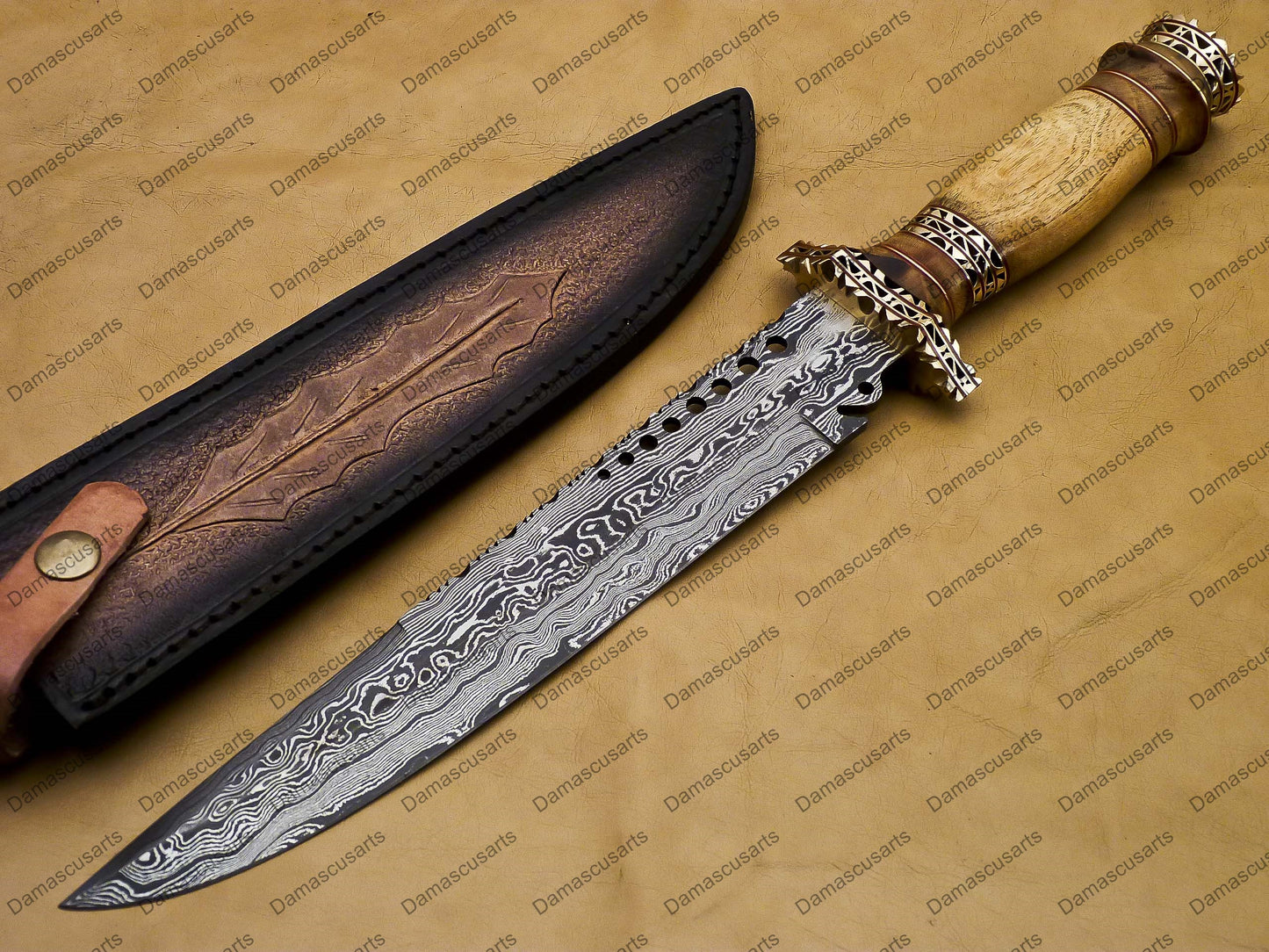 16" personalized Python High End Handmade Damascus Steel Mosaic Bowie Knife Hunting Knife 11 inches Blade with handle leather sheath