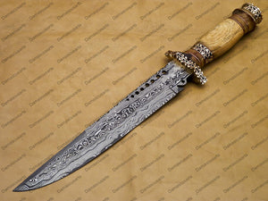16" personalized Python High End Handmade Damascus Steel Mosaic Bowie Knife Hunting Knife 11 inches Blade with handle leather sheath