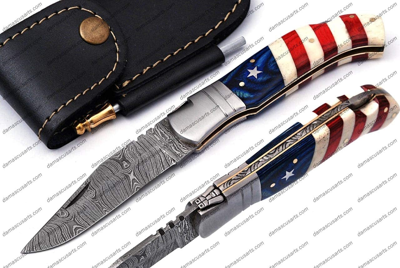 American Flag Custom Handmade Damascus Steel Blade Pattern Welded Camping Hunting Pocket Folding Survival Knife with Genuine Leather Sheath