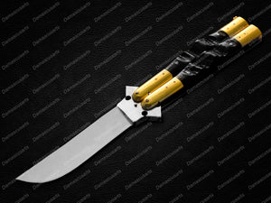 Personalized Custom Handmade 440c Stainless Steel Original Filipino Balisongs Butterfly Knife Brass with Carabao Horn Inserts with Leather Sheath