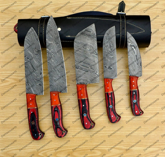 Personalized Custom Handmade Damascus Chef set Of 5pcs With Leather Cover, Kitchen Knife, Damascus Knife Set, Kitchen knives With Leather Sheath