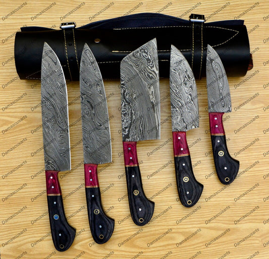 Personalized Custom Handmade Damascus Chef set Of 5pcs With Leather Cover, Kitchen Knife, Damascus Knife Set, Kitchen knives With Leather Sheath