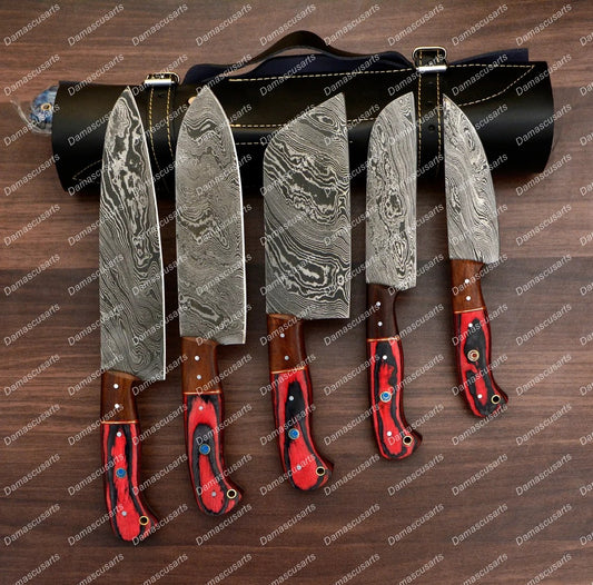 Personalized Custom Handmade Damascus Chef set Of 5pcs With Leather Cover, Kitchen Knife, Damascus Knife Set, Kitchen knives With Leather Sheath