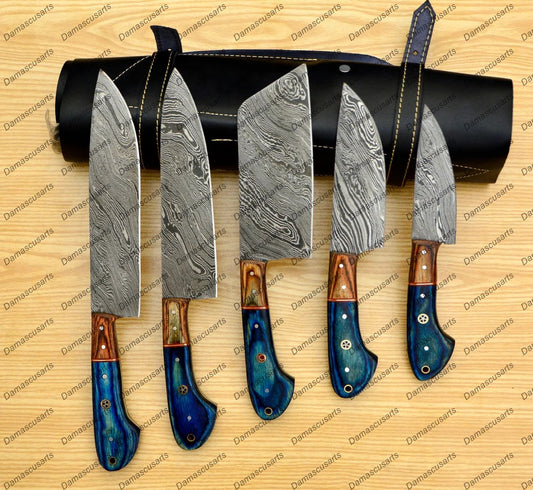 Personalized Custom Handmade Damascus Chef set Of 5pcs With Leather Cover, Kitchen Knife, Damascus Knife Set, Kitchen knives With Leather Sheath