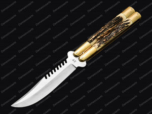 Personalized Custom Handmade 440c Stainless Steel Original Filipino Balisong Butterfly Knife Brass with Philippine Deer Horn Inserts with Leather Sheath