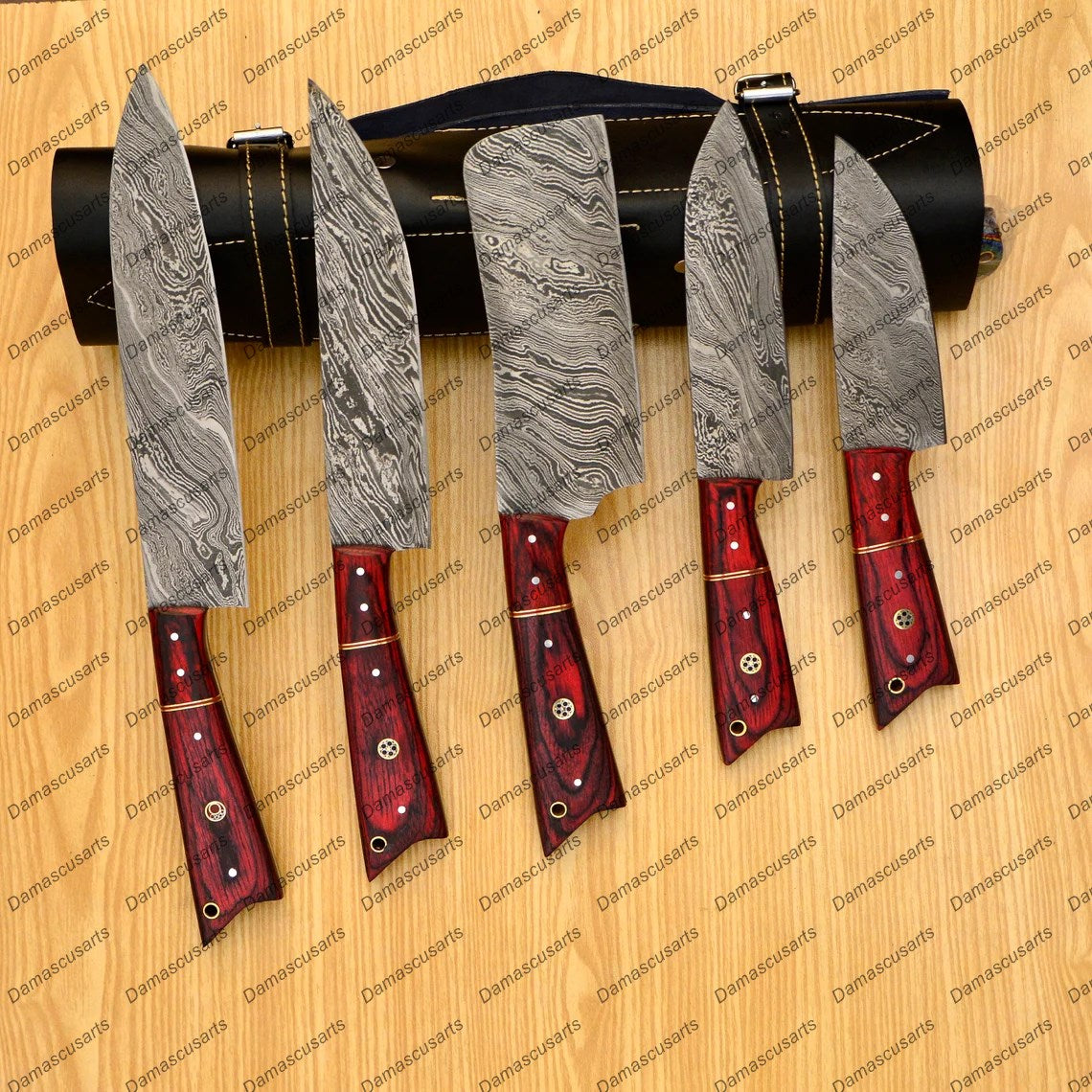 Personalized Custom Handmade Damascus Chef set Of 5pcs With Leather Cover, Kitchen Knife, Damascus Knife Set, Kitchen knives With Leather Sheath