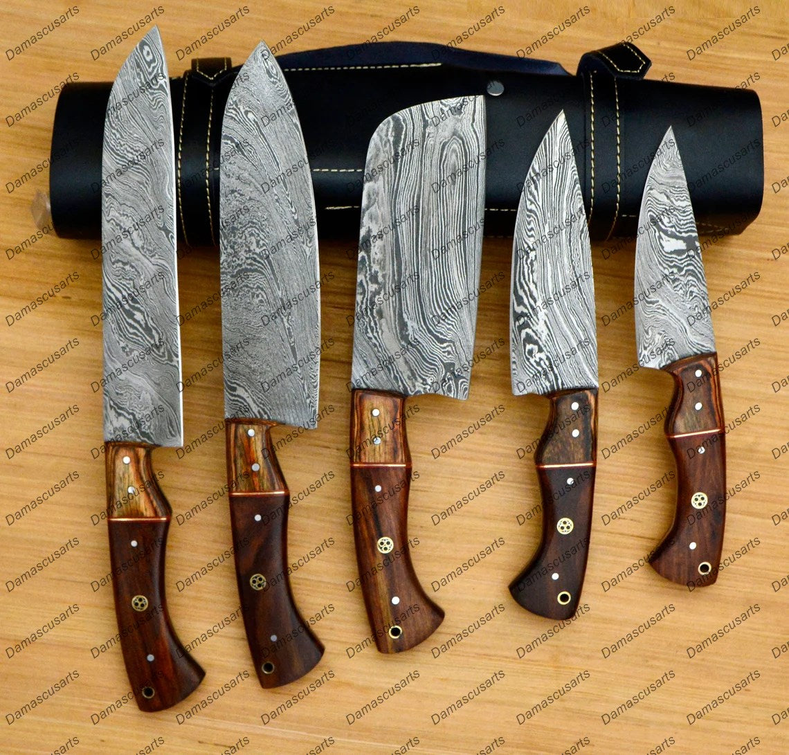 Personalized Custom Handmade Damascus Chef set Of 5pcs With Leather Cover, Kitchen Knife, Damascus Knife Set, Kitchen knives With Leather Sheath