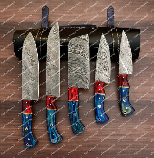 Personalized Custom Handmade Damascus Chef set Of 5pcs With Leather Cover, Kitchen Knife, Damascus Knife Set, Kitchen knives With Leather Sheath