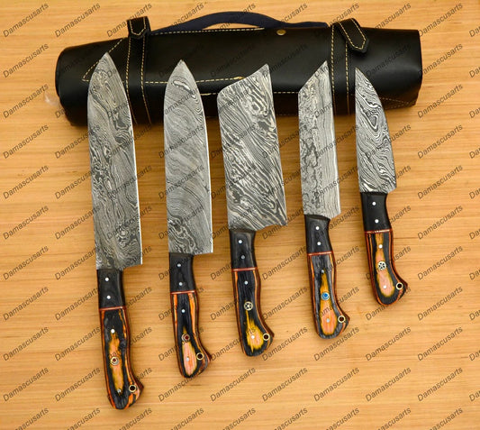 Personalized Custom Handmade Damascus Chef set Of 5pcs With Leather Cover, Kitchen Knife, Damascus Knife Set, Kitchen knives With Leather Sheath