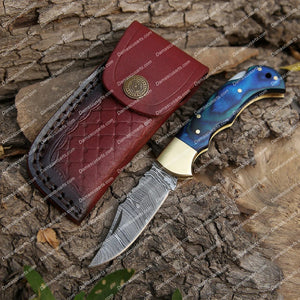 Personalized Custom Custom Handmade Damascus Steel Pocket Folding Knife Stained Wood Handle With Leather Sheath