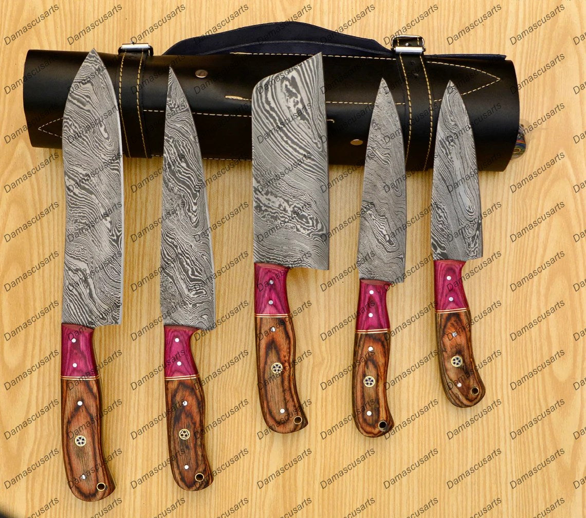 Personalized Custom Handmade Damascus Chef set Of 5pcs With Leather Cover, Kitchen Knife, Damascus Knife Set, Kitchen knives With Leather Sheath