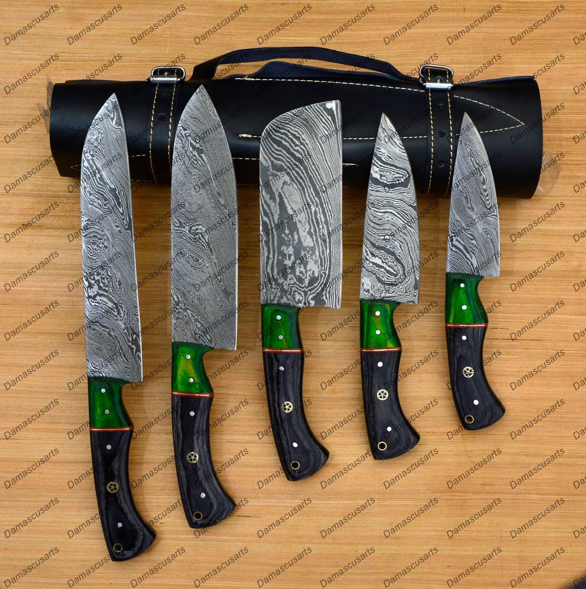 Personalized Custom Handmade Damascus Chef set Of 5pcs With Leather Cover, Kitchen Knife, Damascus Knife Set, Kitchen knives With Leather Sheath