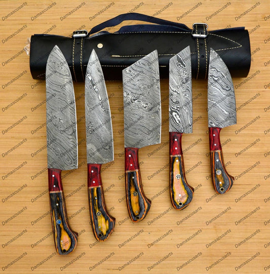 Personalized Custom Handmade Damascus Chef set Of 5pcs With Leather Cover, Kitchen Knife, Damascus Knife Set,Kitchen knives With Leather Sheath