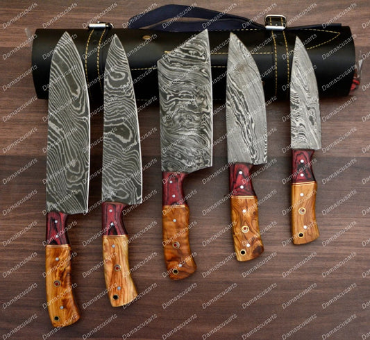 Personalized Custom Handmade Damascus Chef set Of 5pcs With Leather Cover, Kitchen Knife, Damascus Knife Set, Kitchen knives With Leather Sheath